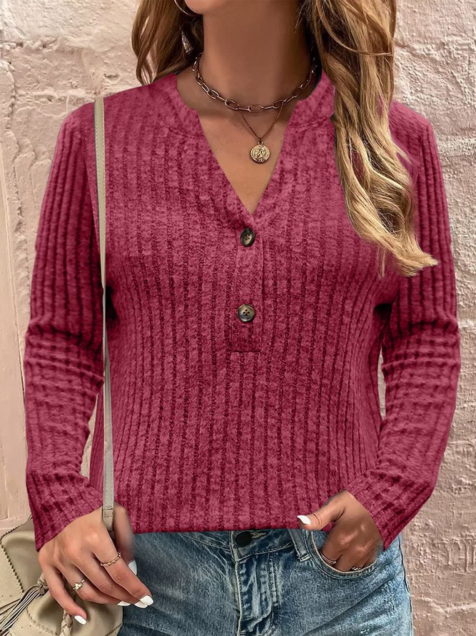 Women Plain V Neck Casual Long Sleeve T-shirt