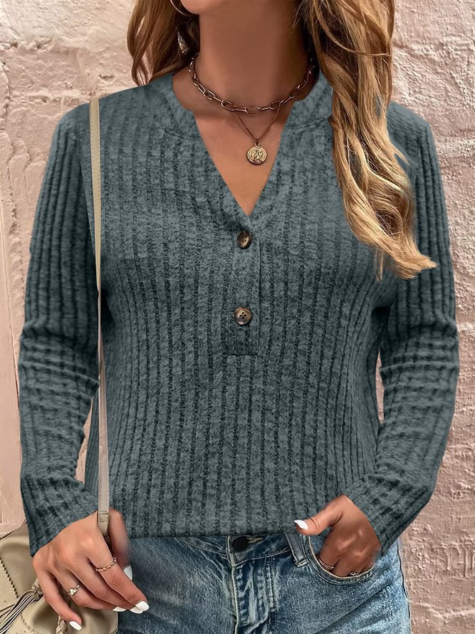 Women Plain V Neck Casual Long Sleeve T-shirt
