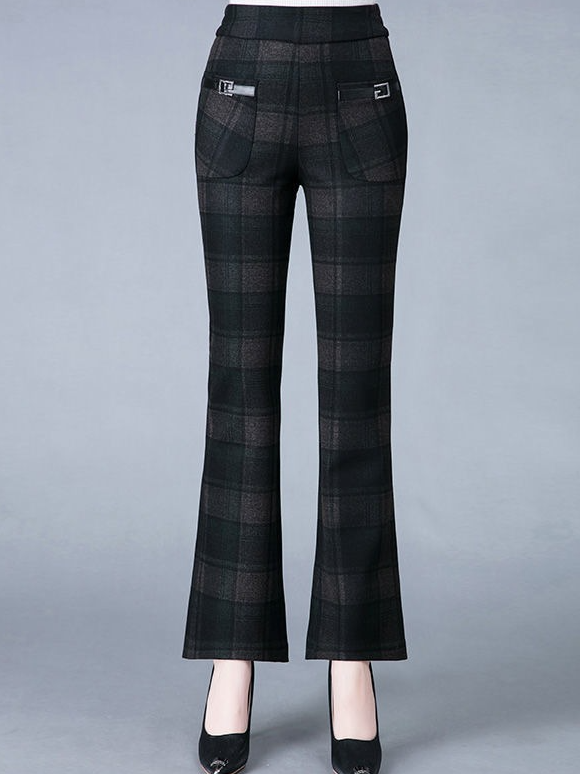 Plaid Pockets High Elasticity Casual Pants