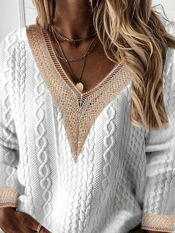 V Neck Casual Loose Lace Shirt
