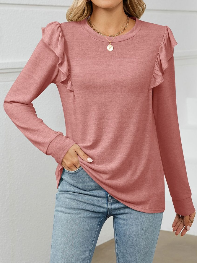 Women Plain Crew Neck Casual Long Sleeve T-shirt