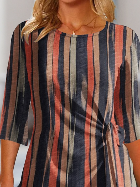 Women Abstract Stripes Crew Neck Casual Long Sleeve T-shirt
