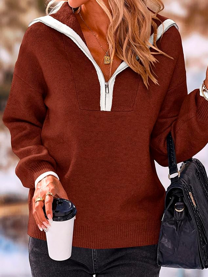 Women's V Neck Casual Loose Color Block Sweater