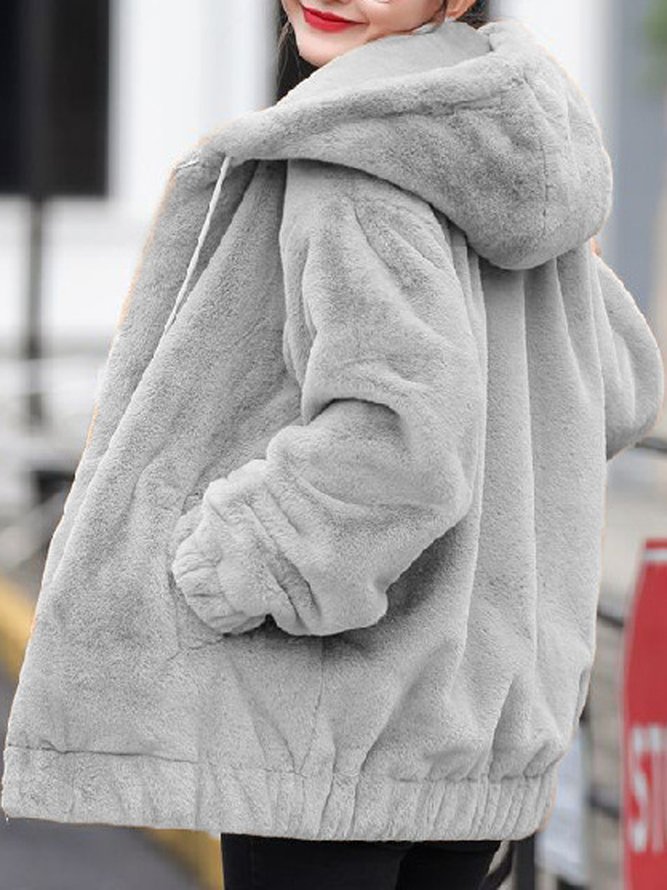Casual Zipper Hoodie Fluff/Granular Fleece Fabric Teddy Jacket