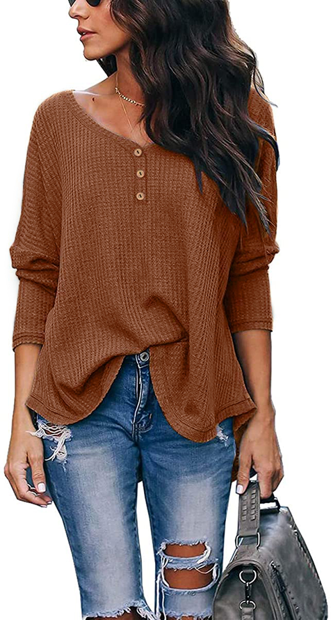 Women Plain V Neck Casual Long Sleeve T-shirt