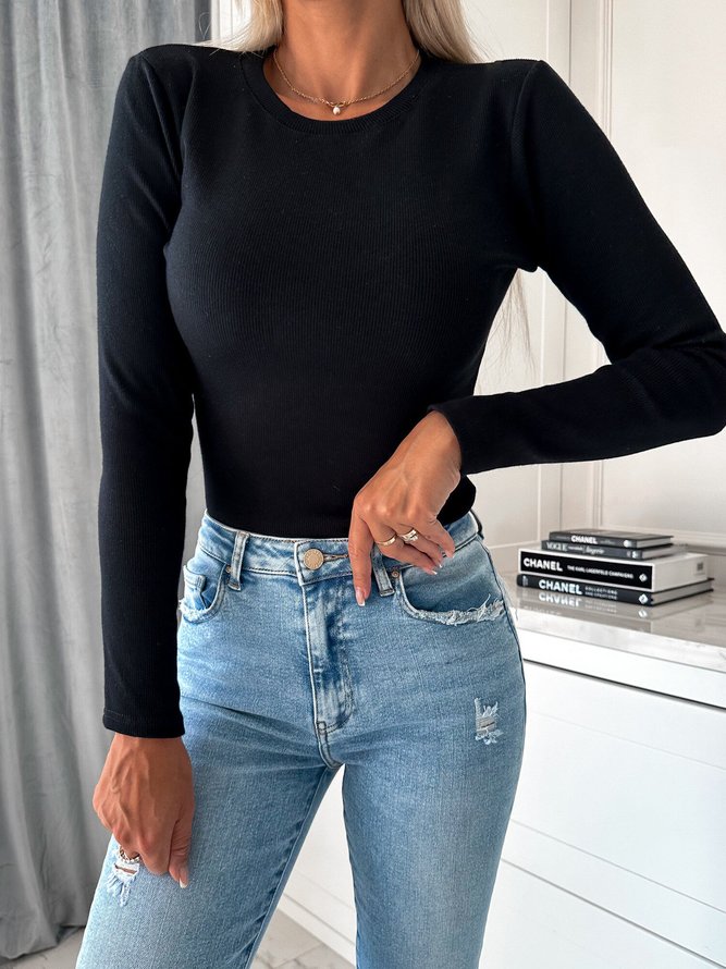 Crew Neck Casual Plain Knitted Regular Sleeve Knit Top