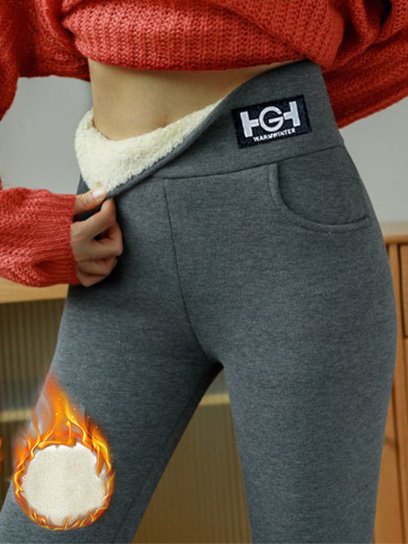 Women Casual Plain Spring/Fall Natural Heavyweight High Elasticity Daily Warmth Fleece Leggings