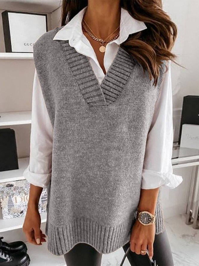 Plain V Neck Cotton-Blend Casual Sweater