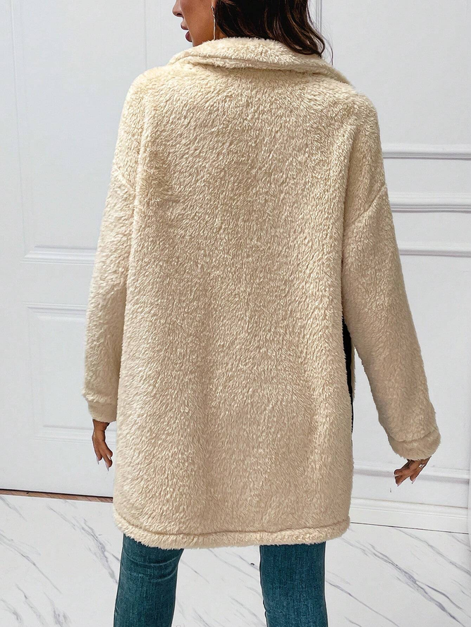 Casual Fluff/Granular Fleece Fabric Loose Two Tone Drop Shoulder Teddy Jacket