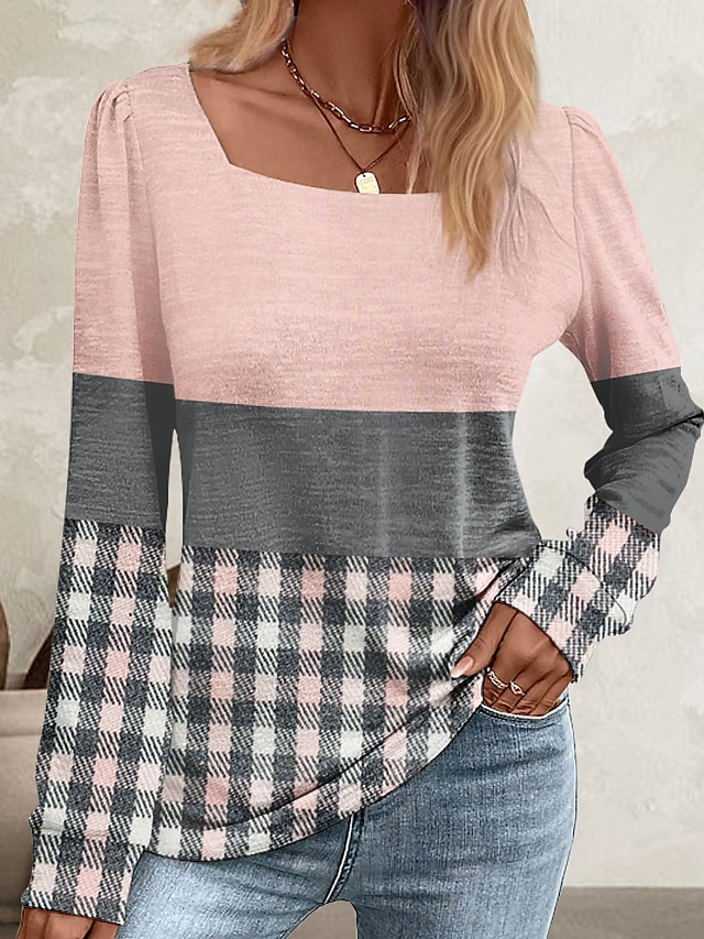 Women Plaid Square Neck Casual Long Sleeve T-shirt