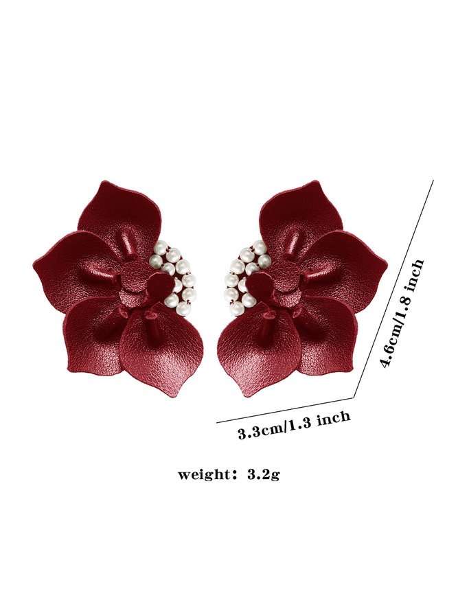 Elegant Handmade 3D PU Leather Imitation Pearl Flower Earrings