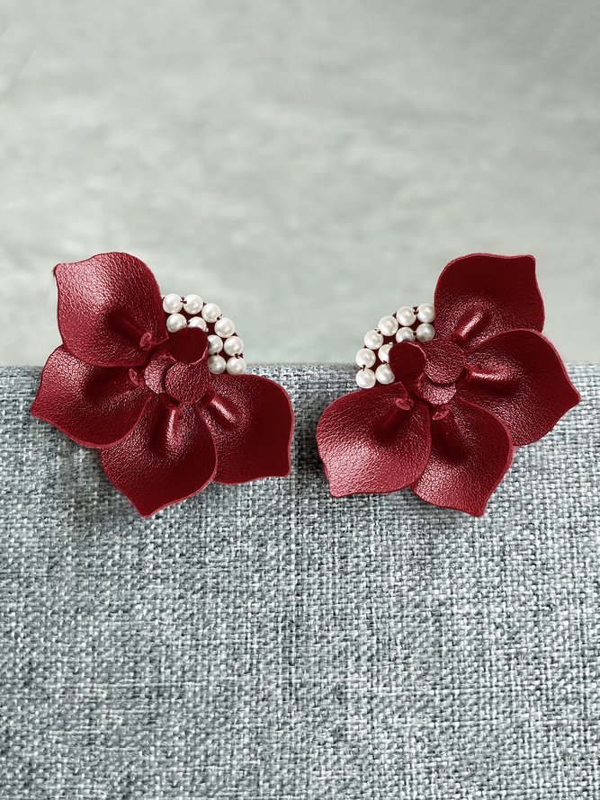 Elegant Handmade 3D PU Leather Imitation Pearl Flower Earrings