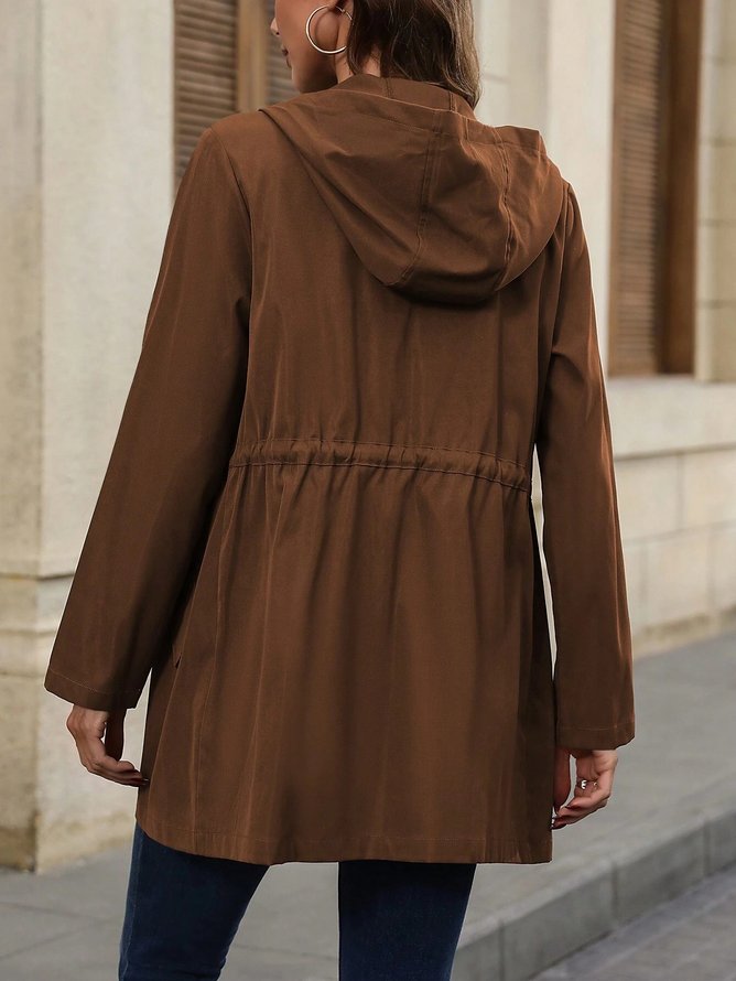 Casual Cotton-Blend Plain Drawstring Waist Button Front Hooded Coat