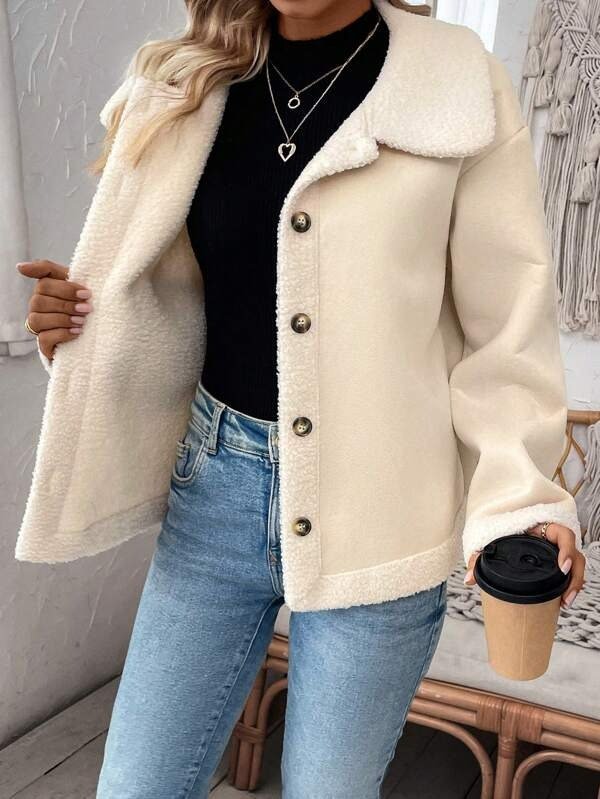 Warmth Buckle Long Sleeve Casual Plain Fleece Fabric Teddy Jacket