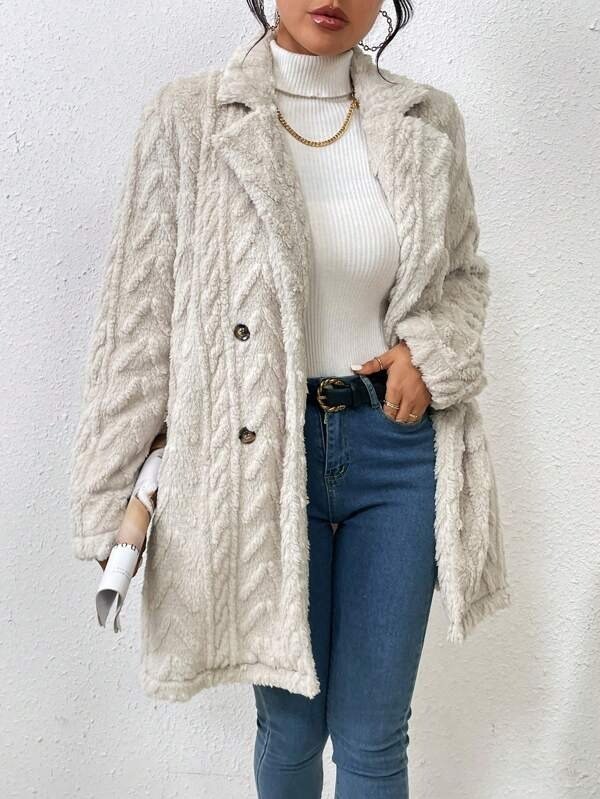 Warmth Buckle Jacquard Long Sleeve Casual Plain Fleece Fabric Teddy Jacket
