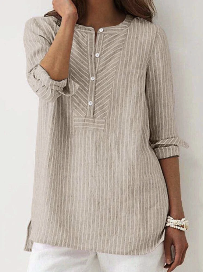 Stripe Pattern Loose Crew Neck Casual Blouse
