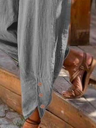 Pockets Plain Loose Cotton-Blend Casual Pants