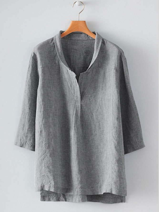 Cotton-Blend Shawl Collar Casual Blouse
