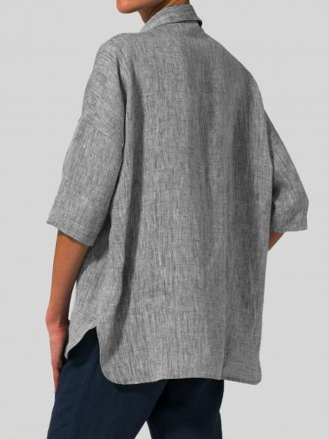 Button  V Neck Cotton-Blend Plain Blouse