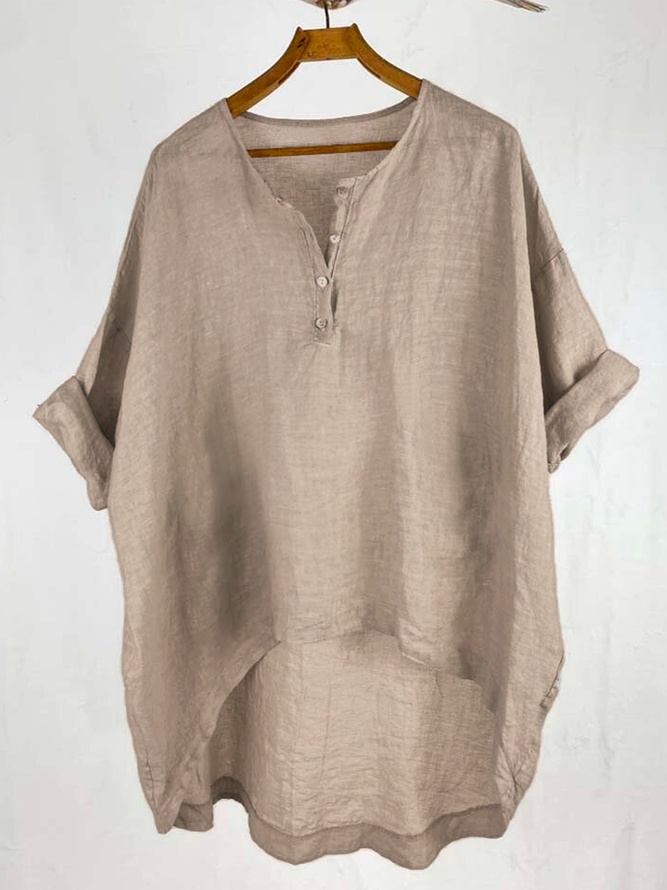 Simple Cotton-Blend Plain V Neck Blouse