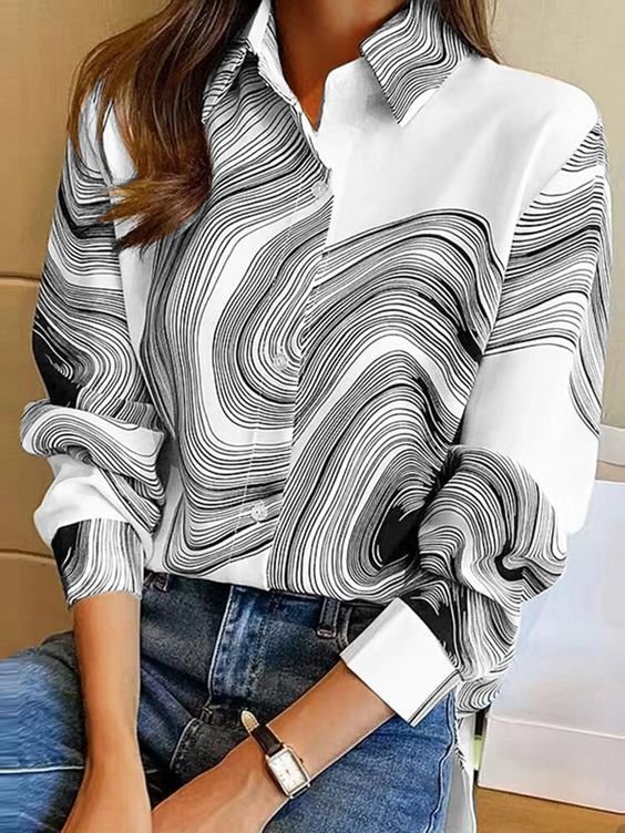 Women Casual Spring/Fall Abstract stripes Daily Loose Long Sleeve H-Line Regular Shirt Collar Blouses
