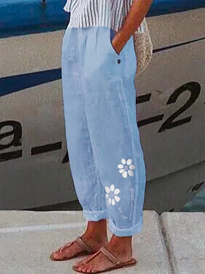 Women Floral All Season Casual Lightweight No Elasticity Standard Turnip pants Cotton Long Pants