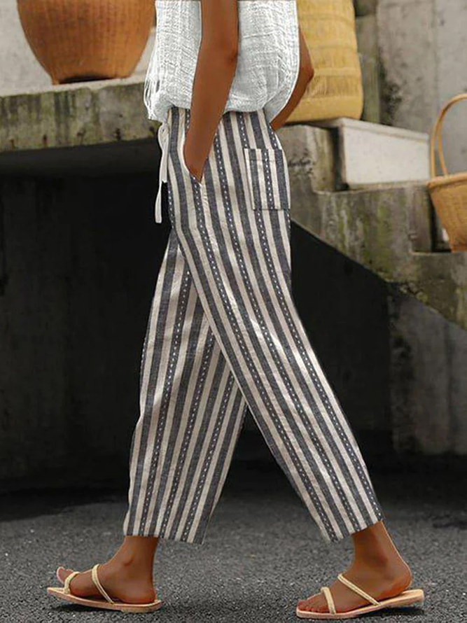 Women Striped Casual Spring/Fall Polyester Natural Loose H-Line Regular Pocket Stitching Pants