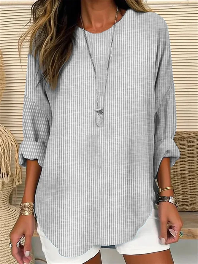 Women Striped Casual Spring/Fall Polyester No Elasticity Long Sleeve Crew Neck A-Line Regular Shirts