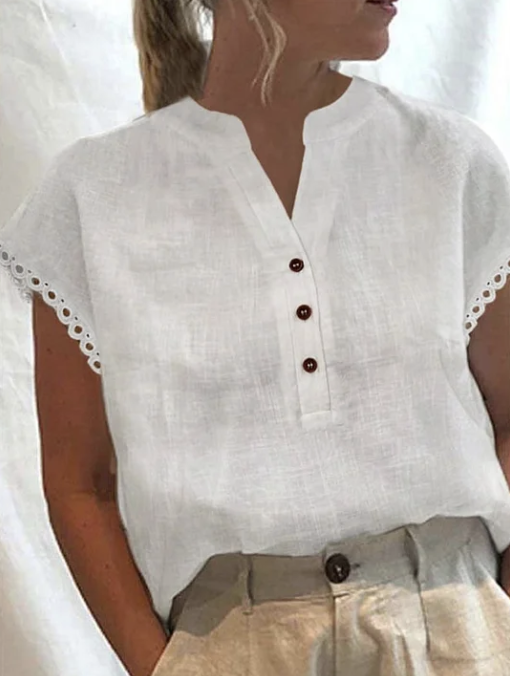 Women Plain Summer Simple V neck No Elasticity Daily Cotton-Blend Regular H-Line Shirts