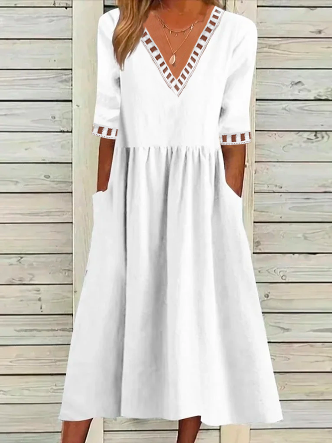 Women Simple Plain Summer Cotton V neck Natural No Elasticity H-Line Shirt Dress Dresses