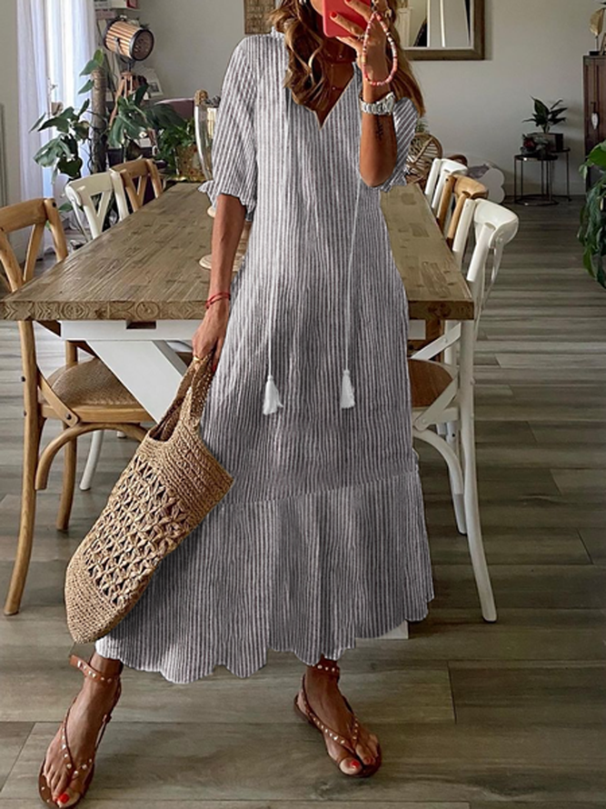 Striped Casual Summer V neck Natural No Elasticity Loose Maxi Half Sleeve Dresses for Women