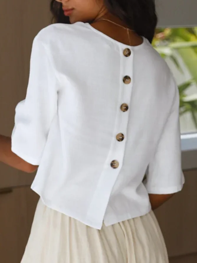 Women Casual Plain Summer No Elasticity Loose Short Sleeve Crew Neck H-Line Regular Shirts