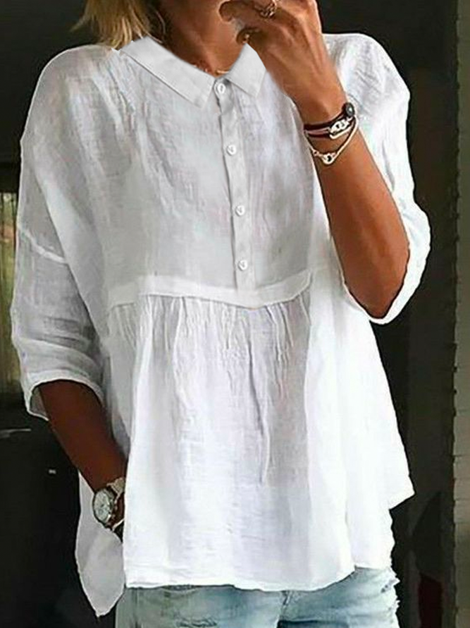 Women Casual Plain Spring/Fall Cotton Commuting Loose Regular H-Line Shirt Collar Blouses