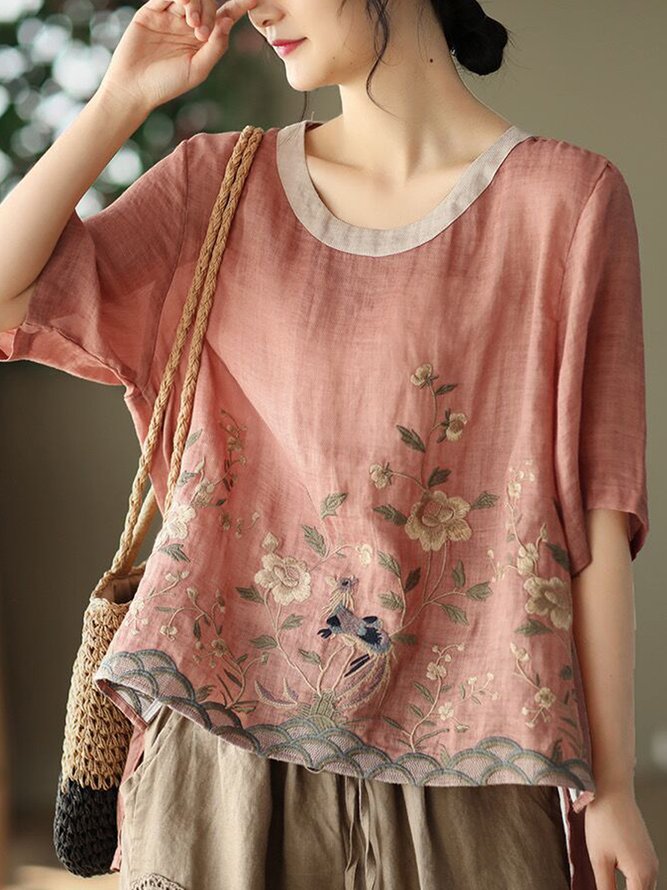 Casual Floral Summer Ramie No Elasticity Daily Loose Short Sleeve Regular Blouses for Women