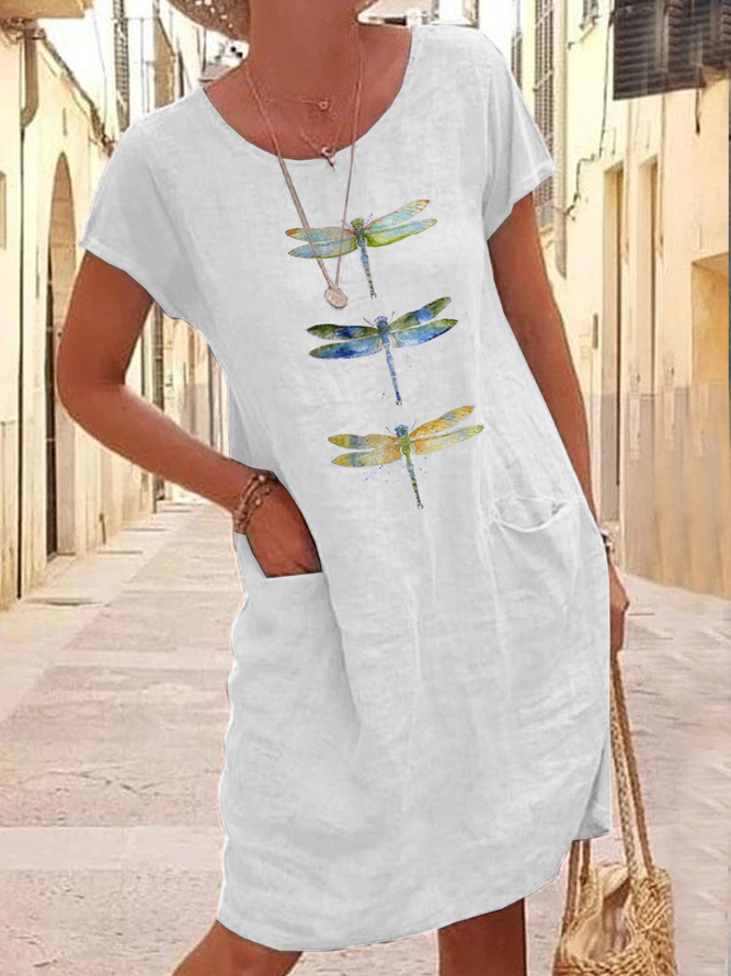 Summer Simple Dragonfly Natural Daily Loose Short Sleeve Crew Neck H-Line Dresses for Women