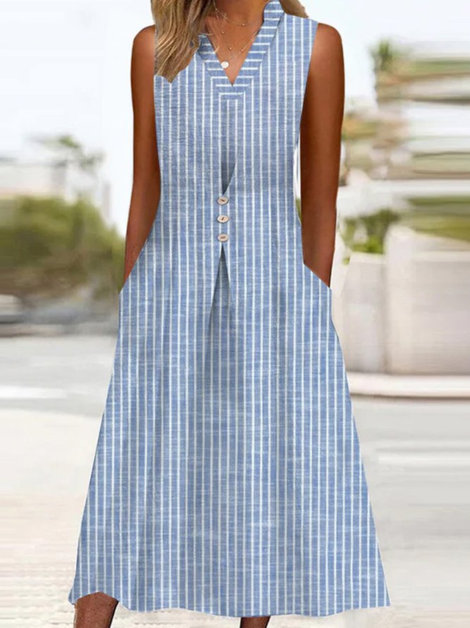 Women Striped Casual Summer V neck No Elasticity Loose Midi Regular No Dresses