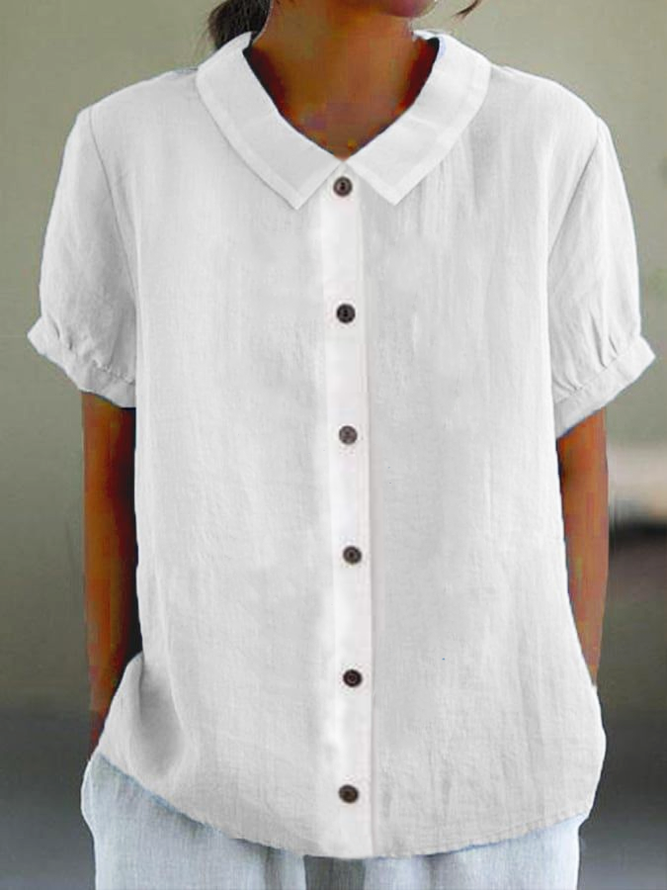 Plain Summer Linen No Elasticity Daily Loose Shawl Collar Regular Regular Blouses for Women