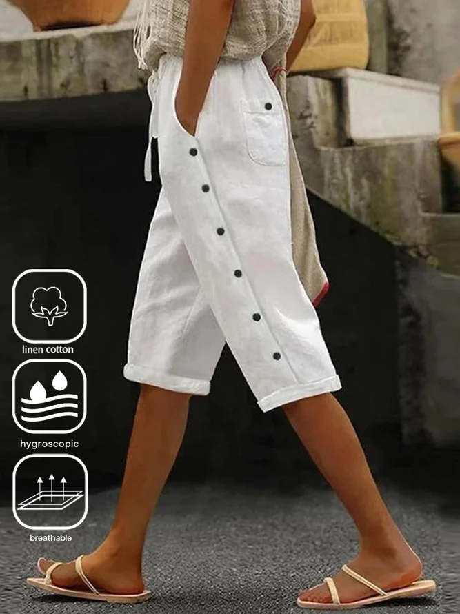 Women Casual Plain Summer No Elasticity Elastic Waist Straight pants H-Line Buckle Regular Pants