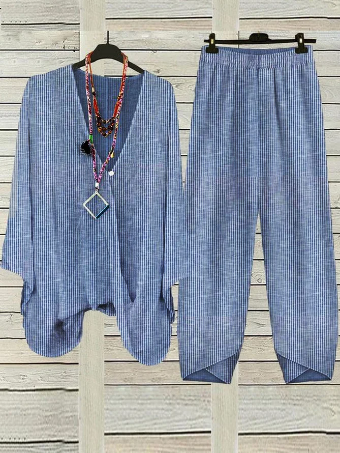 Women Striped Casual Summer Polyester V neck Daily Loose Short Sleeve H-Line Two-Piece Sets