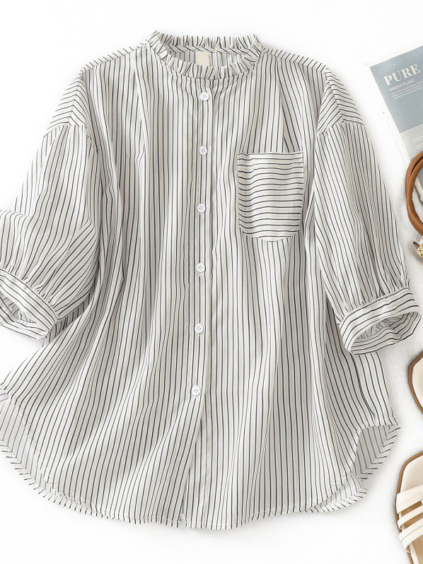 Women Striped Vacation Summer Stand Collar No Elasticity Daily Loose Short Sleeve H-Line Blouses