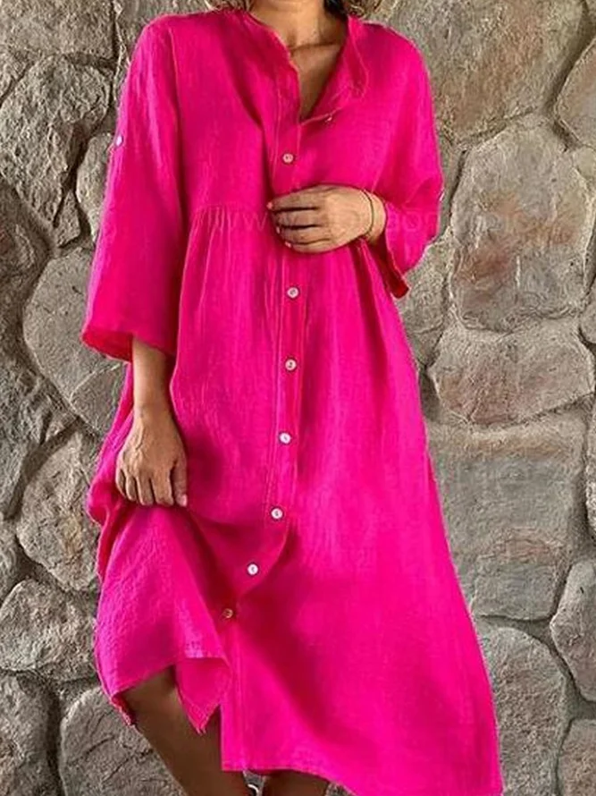 Women Casual Plain Spring/Fall Natural Daily Three Quarter Sleeve A-Line Shirt Collar No Dresses