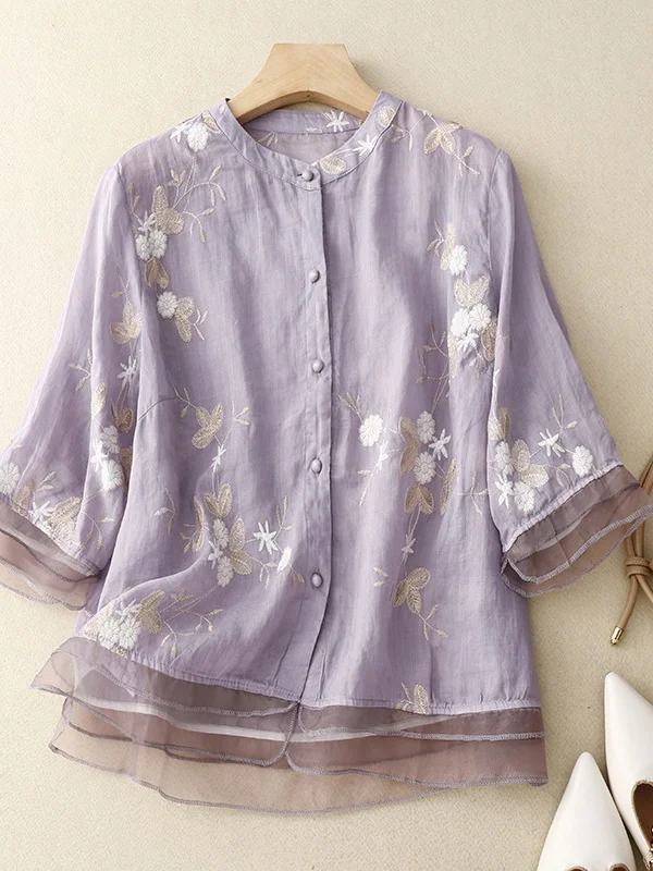 Women Casual Summer Embroidery Patterns Cotton No Elasticity Loose Half Sleeve Regular H-Line Blouses