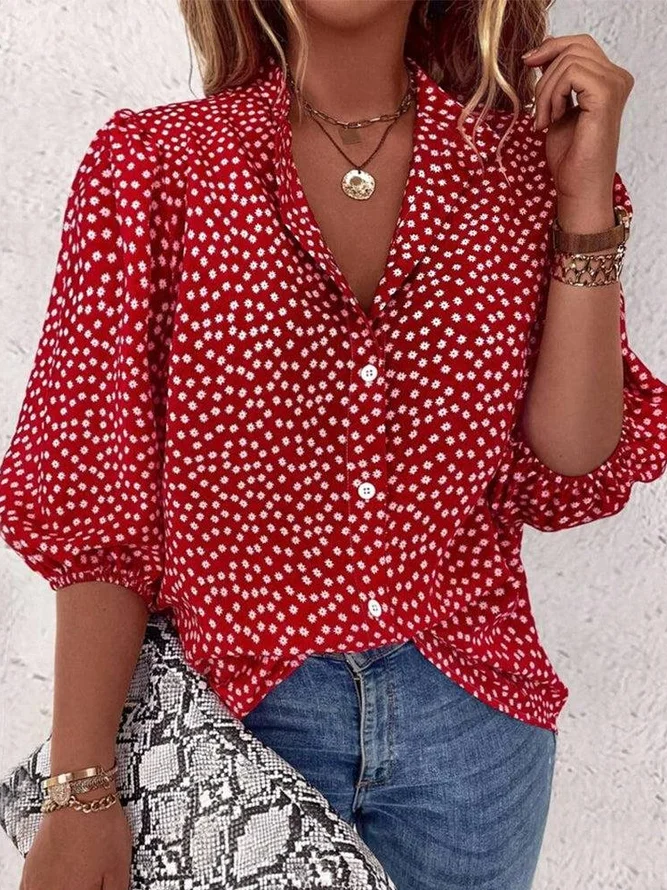 Women Polka Dots Casual Spring/Fall Polyester Natural No Elasticity Three Quarter Sleeve Regular No Shirts