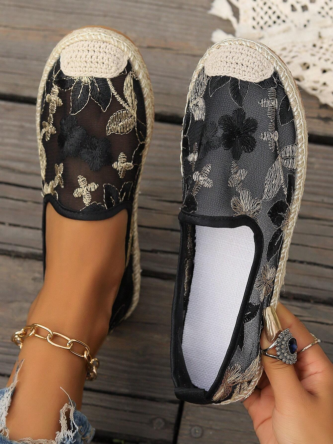 Casual Floral All Season Embroidery Daily Flat Heel Round Toe Mesh Rubber Shallow Shoes for Women
