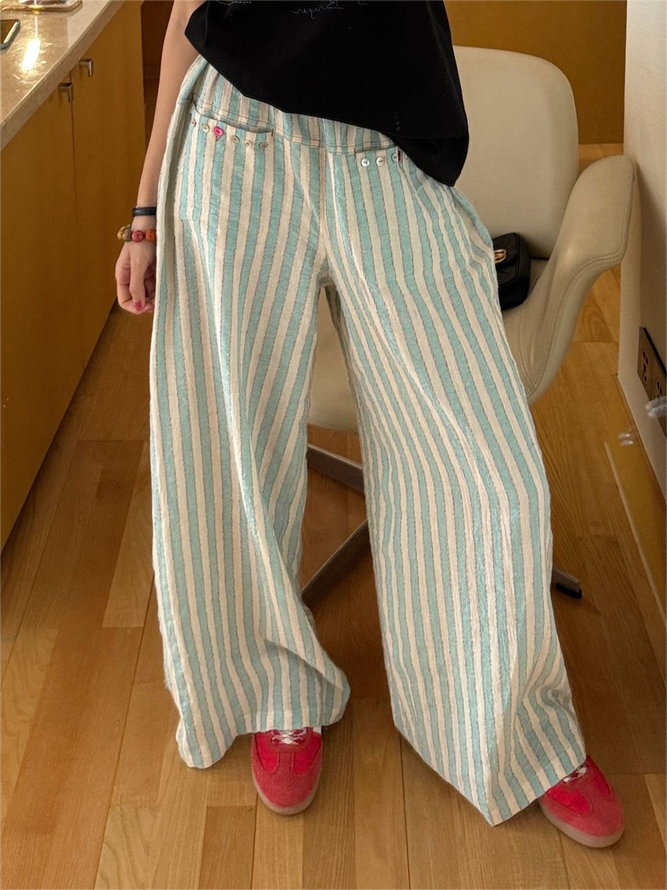 Striped Casual Spring/Fall Natural Loose Polyester Cotton Straight pants Long H-Line Pants for Women