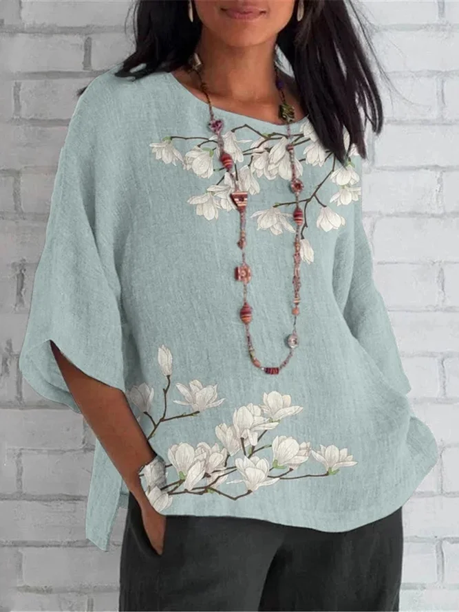 Women Vacation Floral Summer Polyester No Elasticity Daily Loose Crew Neck Regular Shirts