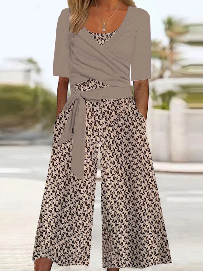 Geometric Casual Summer Micro-Elasticity Daily Loose Half Sleeve Crew Neck Regular Two-Piece Sets for Women