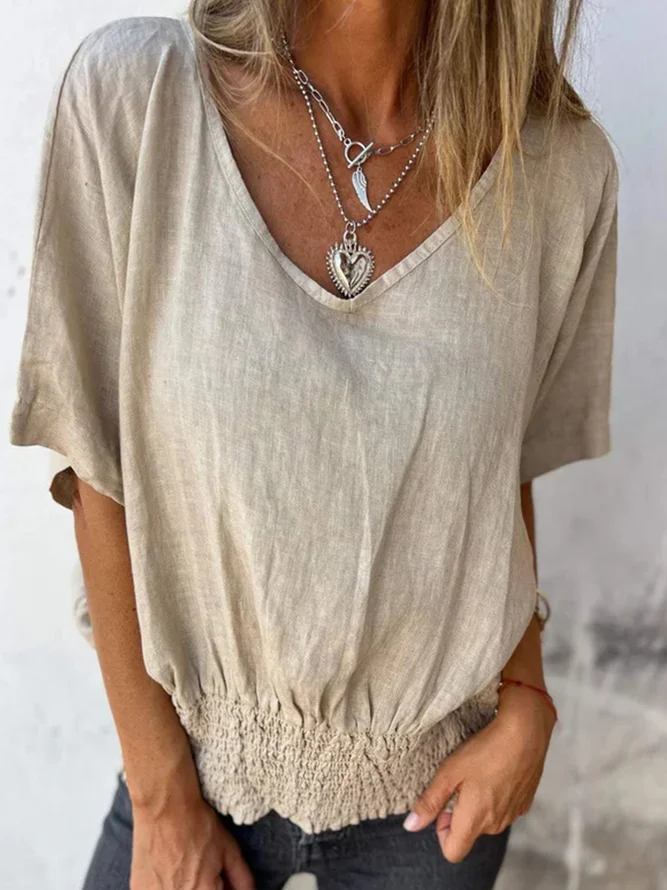 Women Casual Plain Summer No Elasticity Daily Cotton And Linen Regular H-Line Regular Blouses1