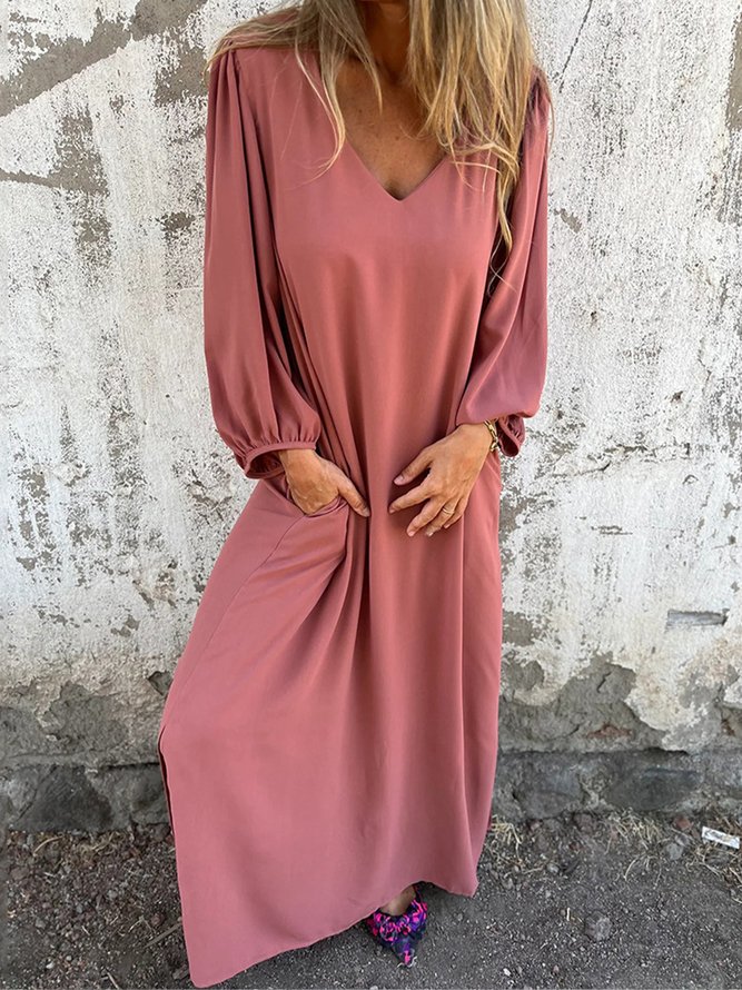 Casual Plain Spring/Fall V neck No Elasticity Daily Loose Three Quarter Sleeve A-Line Dresses for Women