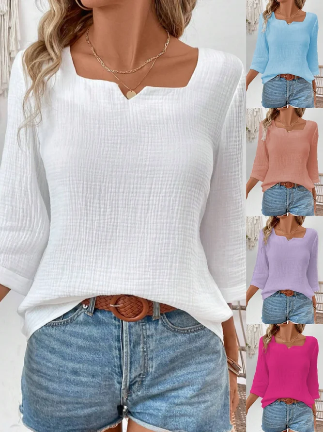 Women Striped Spring/Fall Simple Polyester Daily Loose Three Quarter Sleeve H-Line Regular Shirts